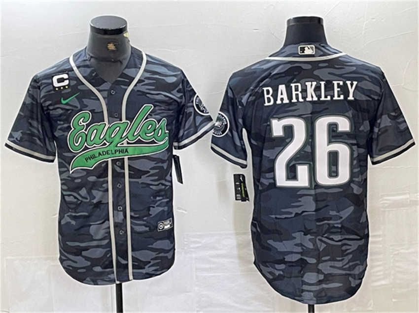 Men's Grey Philadelphia Eagles #26 Saquon Barkley Camo With 3-star C Patch Cool Base Stitched Baseball Jersey
